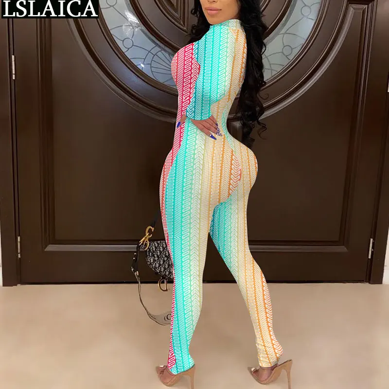 

Jumpsuit Women Rainbow Colors Print Stand Collar Zipper Long Sleeve Bodysuit Sexy Bodycon Pencil Pants Streetwear Romper Skinny