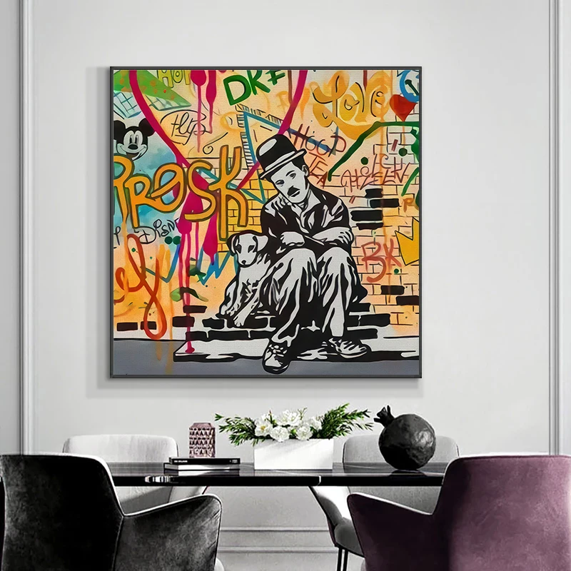 

Graffiti Chaplin and His Dog Banksy Pop Street Wall Art Poster Prints Picture for Home Decor Cuadros Living Room Decoration
