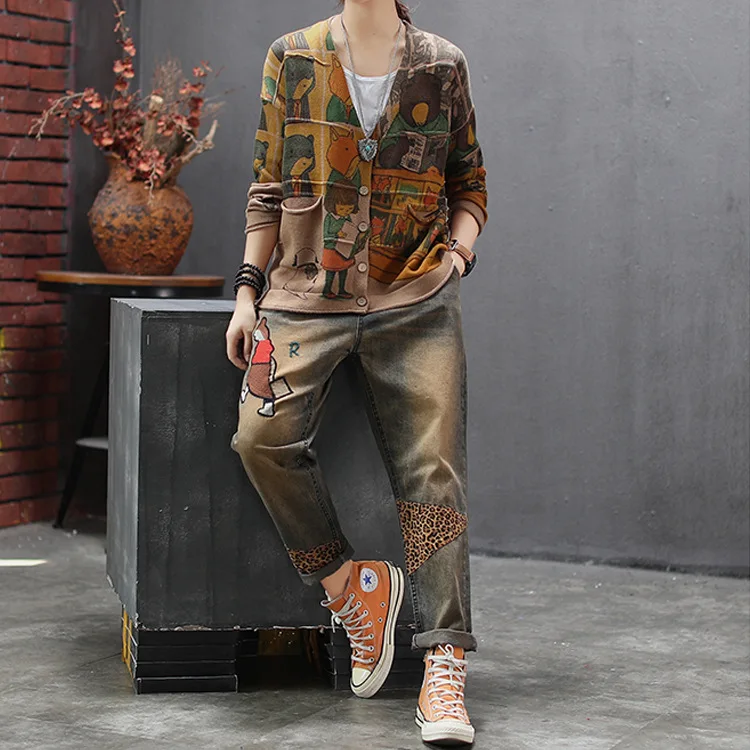 Женские джинсы осень ретро эластичная талия Свободные повседневные джинсовые