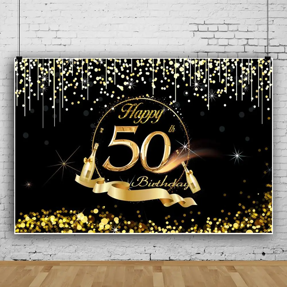 

Laeacco Happy 50th Birthday Photographic Backgrounds Diamond Gold Balloon Birthday Party Photography Backdrops For Photo Studio