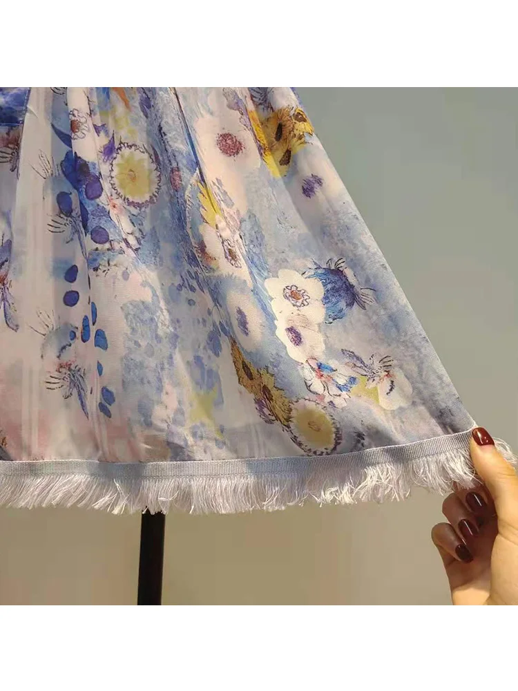 

Retro geometric print round neck single breasted double belt waist loose loose hem tassel dress ladies summer new fashion