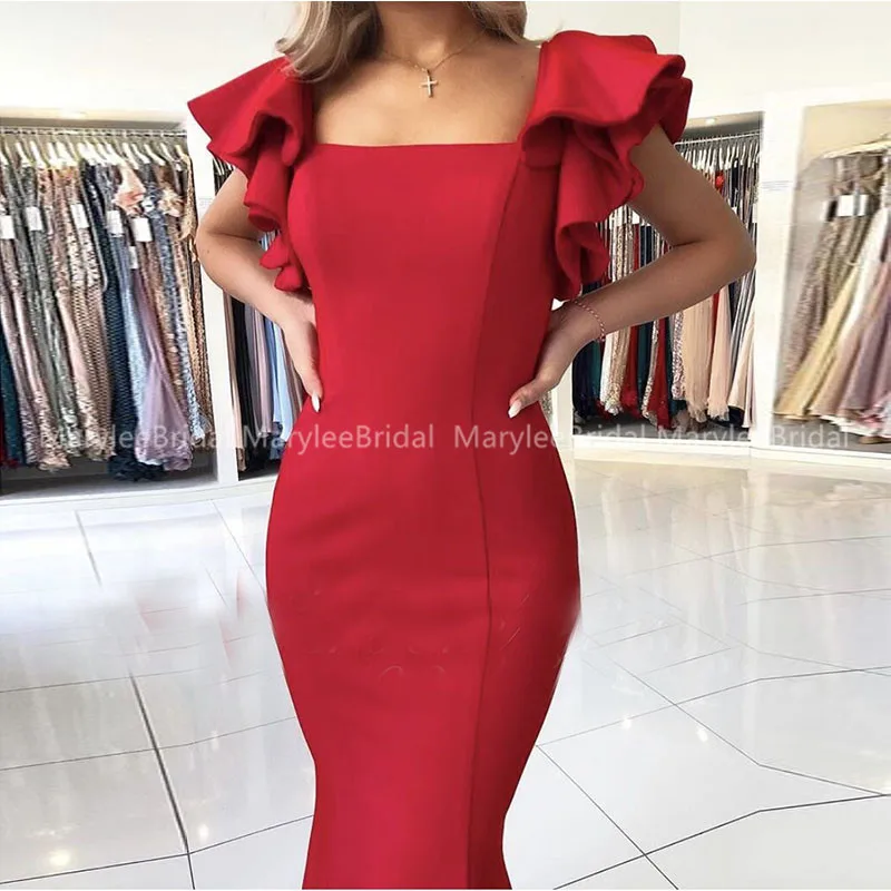 Вечерние платья с открытой спиной Красное Атласное Платье-Русалка оборками на