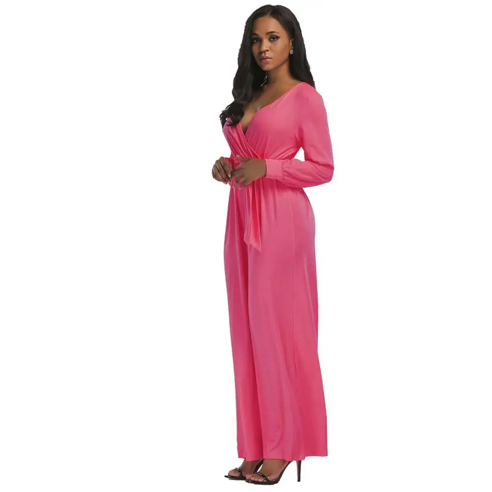 Комбинезон женский стрейчевый однотонный с длинным рукавом и V образным вырезом|