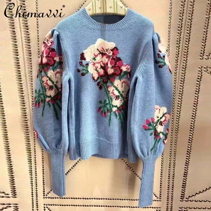 

2021 Autumn Winter Flower Jacquard Blue Sweater Women Puff Sleeve Loose Vintage Sweater Lady Casual Long Sleeve Pullover