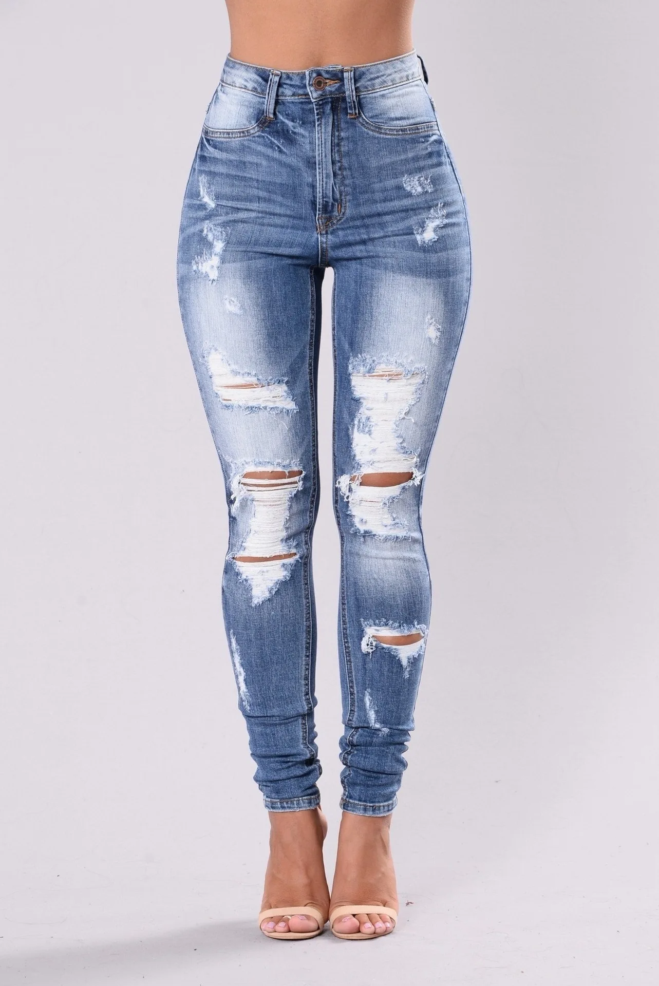 

Ripped Jeans for Women Mid Waist Skinny Pencil Pants Super Stretchy Jeans Female Bleached Washed Hole Denim Trousers