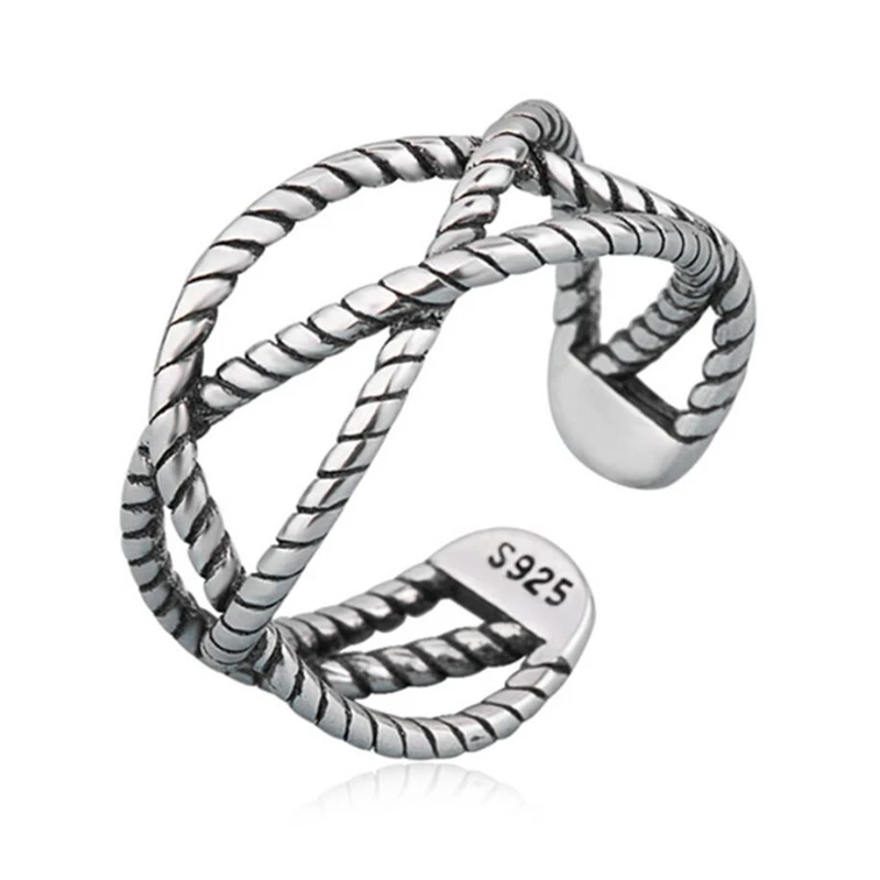 WYEAIIR 925 Sterling Silver Vintage Weave Twist Rope Resizable Multilayer Cross Female Opening Rings | Украшения и аксессуары