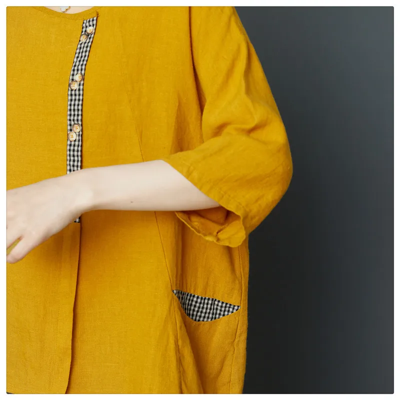 

Johnature Casual Vintage Cotton Linen Women T-Shirts 2021 Summer New O-neck Half Sleeve Patchwork Loose Yellow Tops
