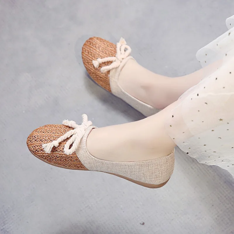 Summer Woven Sewing Flat Shoes for Ladies Slip On Ethnic Flats Breathable Espadrille Solid Woman Shoes Casual Footwear
