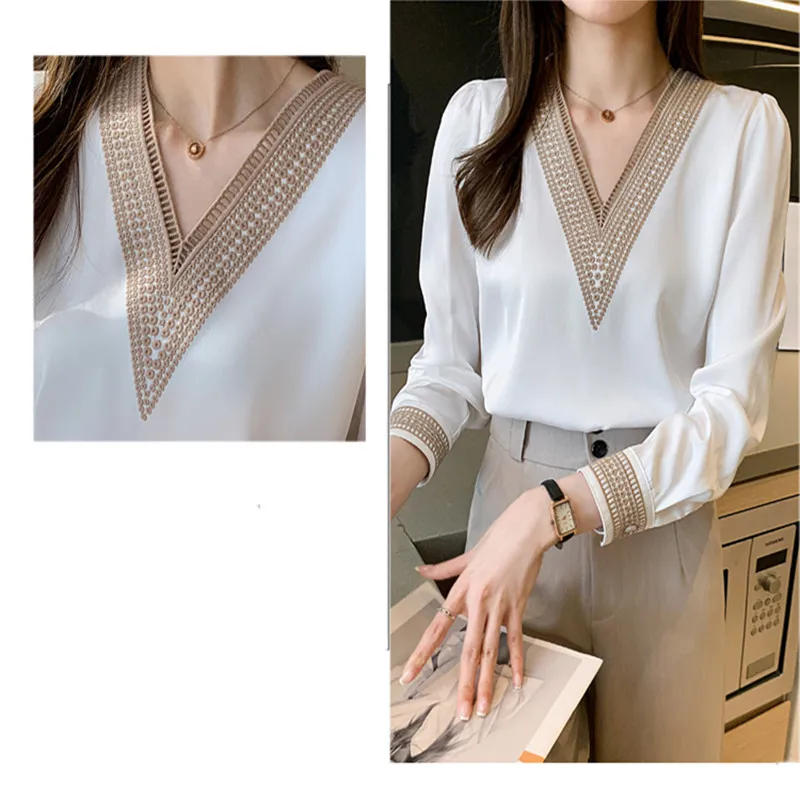 

Fashion Women's Shirts Chiffon Blouses Long Sleeve Top Patchwork White V-neck Women Clothing 2021 Fall Embroidery OL Basic Shirt