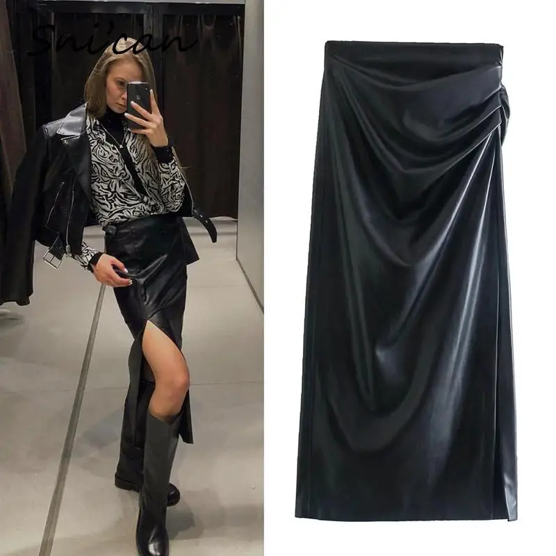 

Asymmetrical Ruched Midi Skirt Za Black Pu Leater Sexy Long Skirts Jupes Longues Fashion Autumn Women Faldas Largas Mujer 2021
