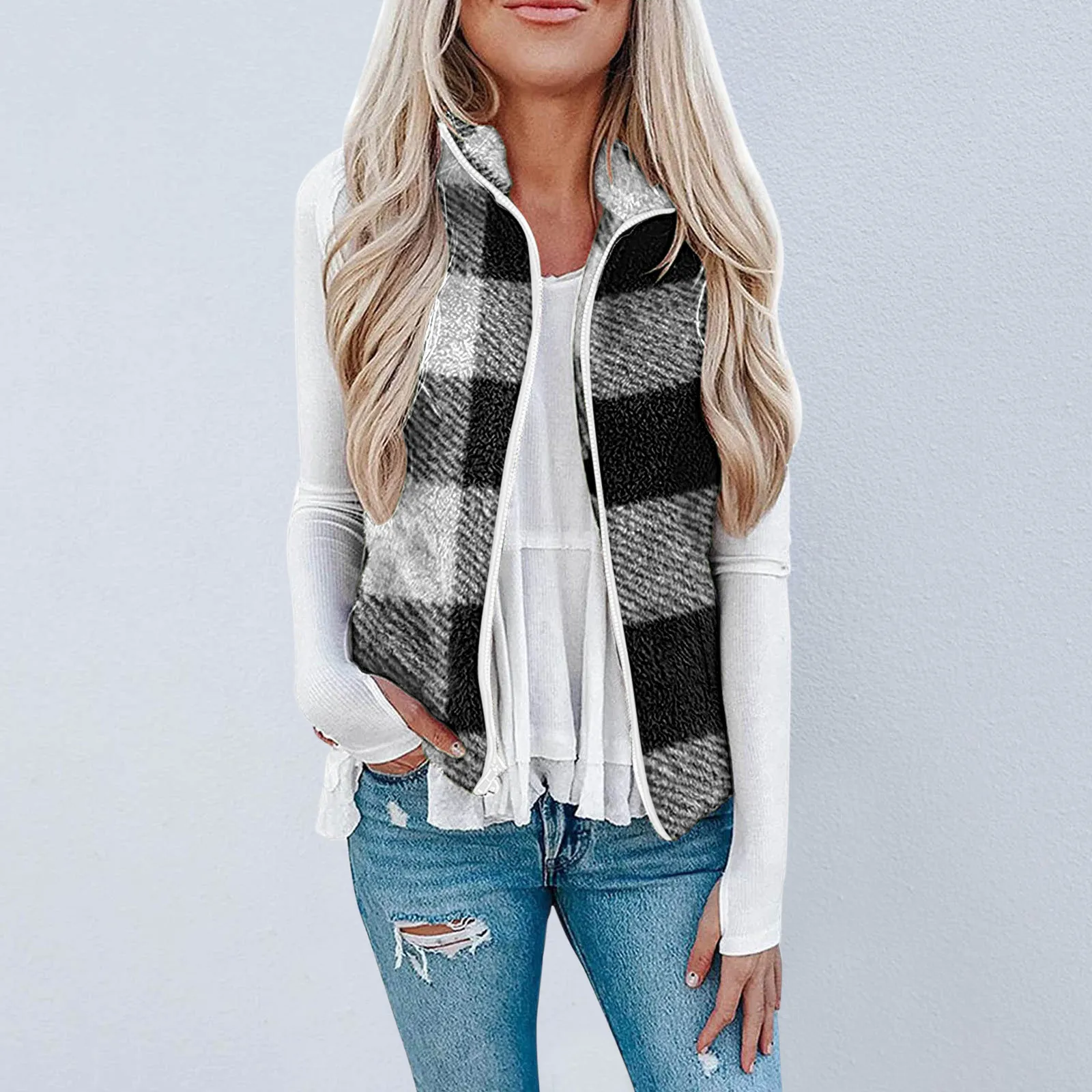 

Женская куртка с карманами, на молнии, с рисунком в клетку, теплая Осенняя плюшевая безрукавка с лацканами, Свободное пальто, камуфляжное па...