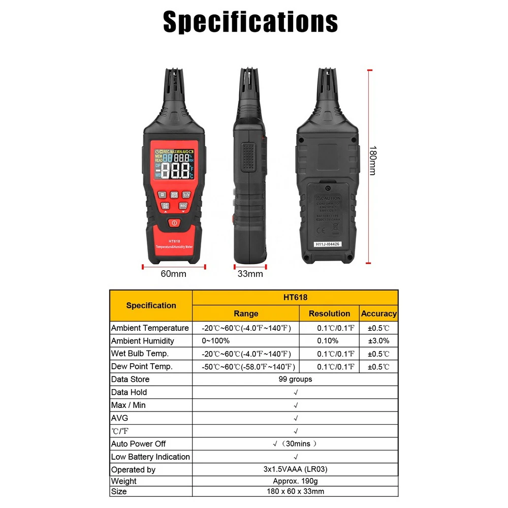 

HABOTEST Digital Temperature Humidity Meter With Ambient,Dew Point Wet Bulb For Indoor And Outdoor Min/Max Hold LCD Backlight