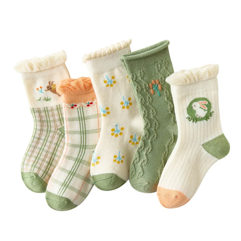 

Baby Show 5 Pcs Winter Children's Socks Lovely Rabbit Printing Socks For Girls Cotton Lace Retro Style New Year's Socks 1-12 Age
