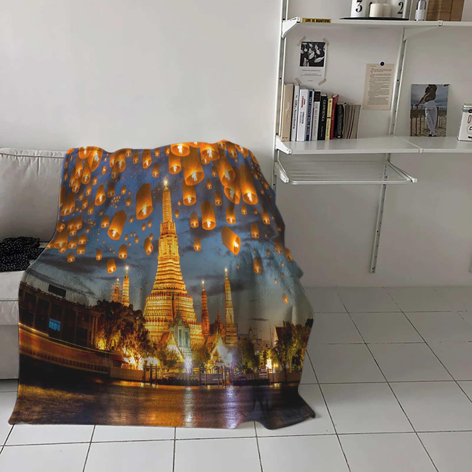 

Kongming Lantern Night Building Throw Blanket Home Sofa Decor Blanket Portable Soft Bedspread Microfiber Blankets for Beds