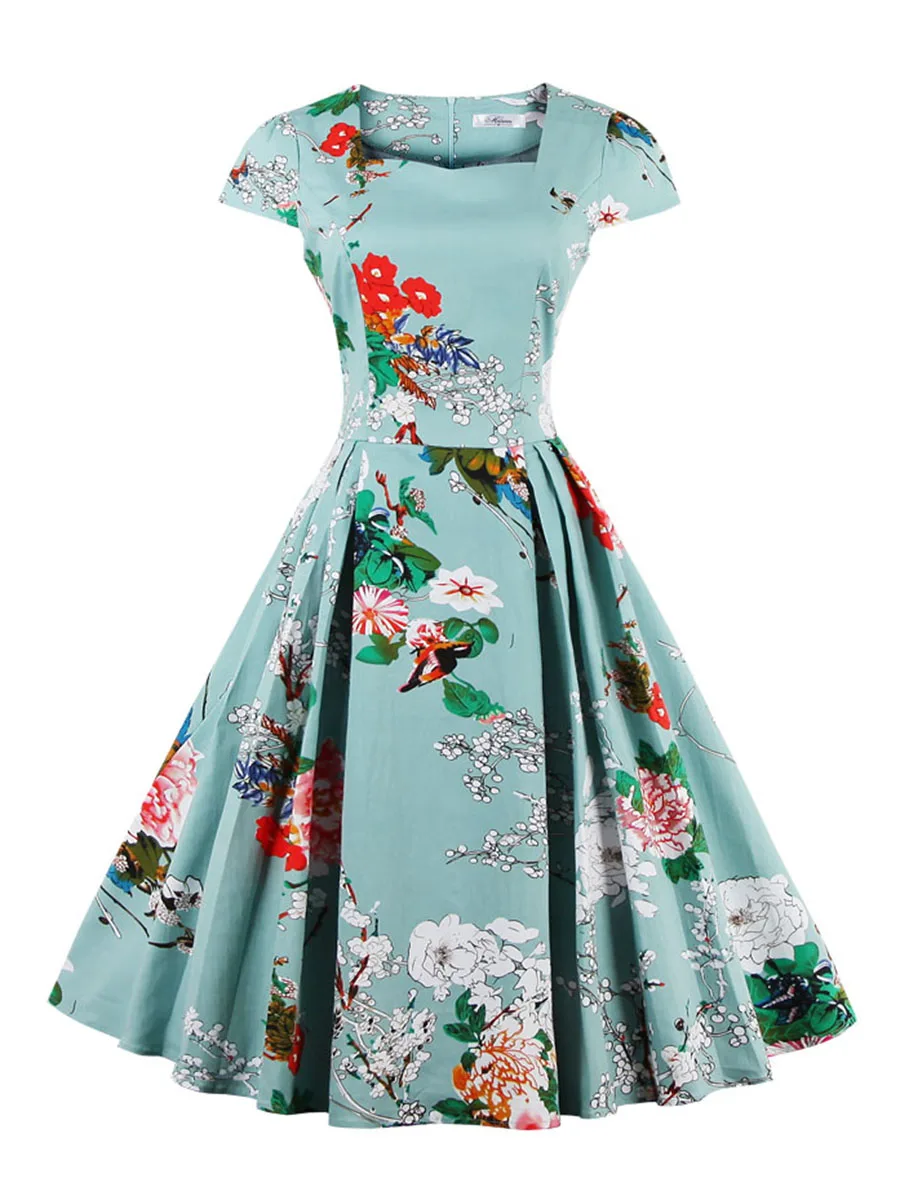 

SALE Women Summer Floral Dress Print Expansion Dresses Knee-Length Square Neck Pleated Dress Girls Mid-Waist Summer Dresses