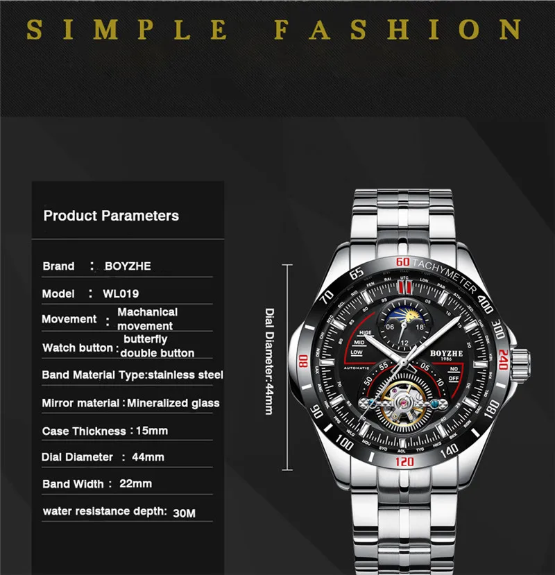 BOYZHE механические часы, мужские наручные автоматические Ретро часы, мужские водонепроницаемые полностью стальные турбийон часы, часы, Montre Homme, новинка