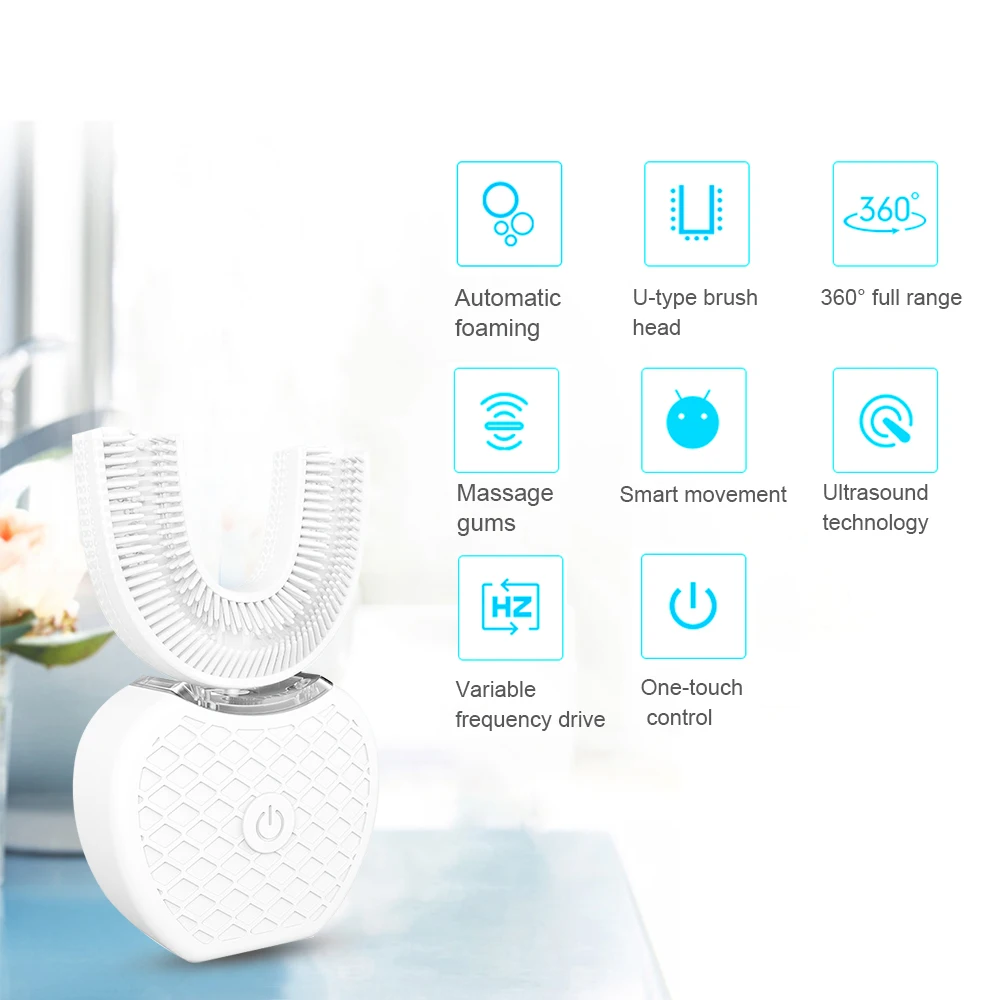 360 Degrees Intelligent Automatic Sonic Electric Toothbrush U Type 4 Modes Tooth Brush USB Charging Whitening Blue Light | Бытовая