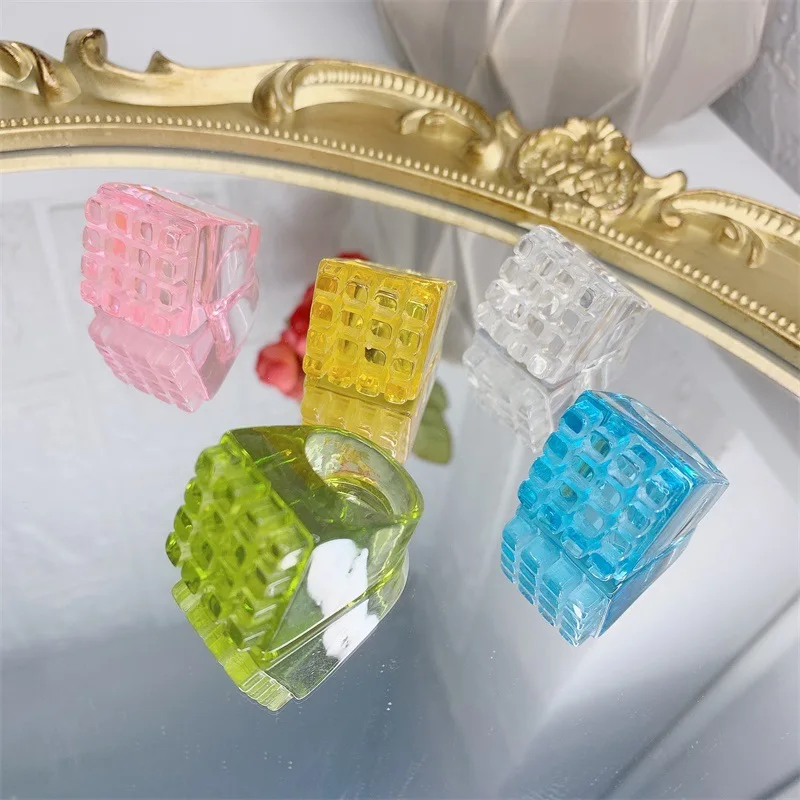 

Korean Trendy Geometric Square Lattice Colorful Resin Acrylic Transparent Big Finger Rings For Women Chic Rings Summer Jewelry