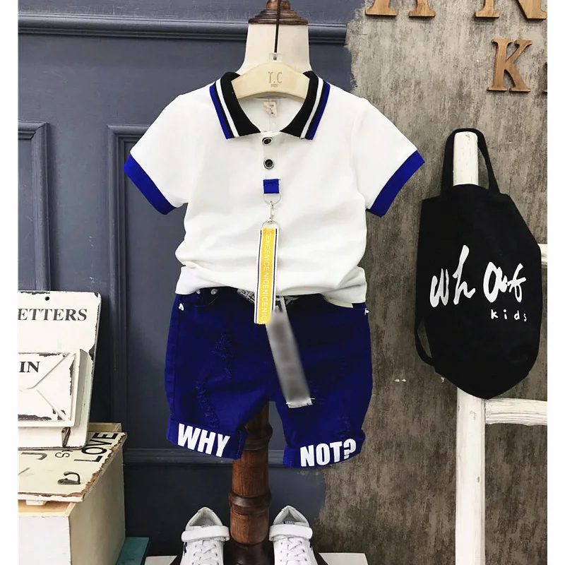 2PCS boys summer clothing set kids fashion letter printed shirt and blue short baby casual turn down collar sleeve top | Детская одежда