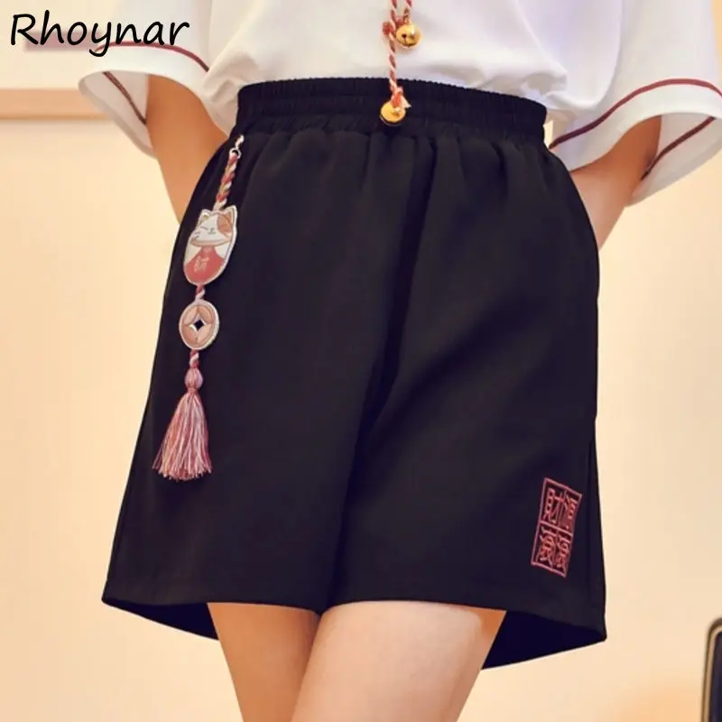 Shorts Women Japanese Style Loose Wide Leg Casual All-match Trousers Ins Streetwear Lovely Embroidery Elastic Waist Simple Chic