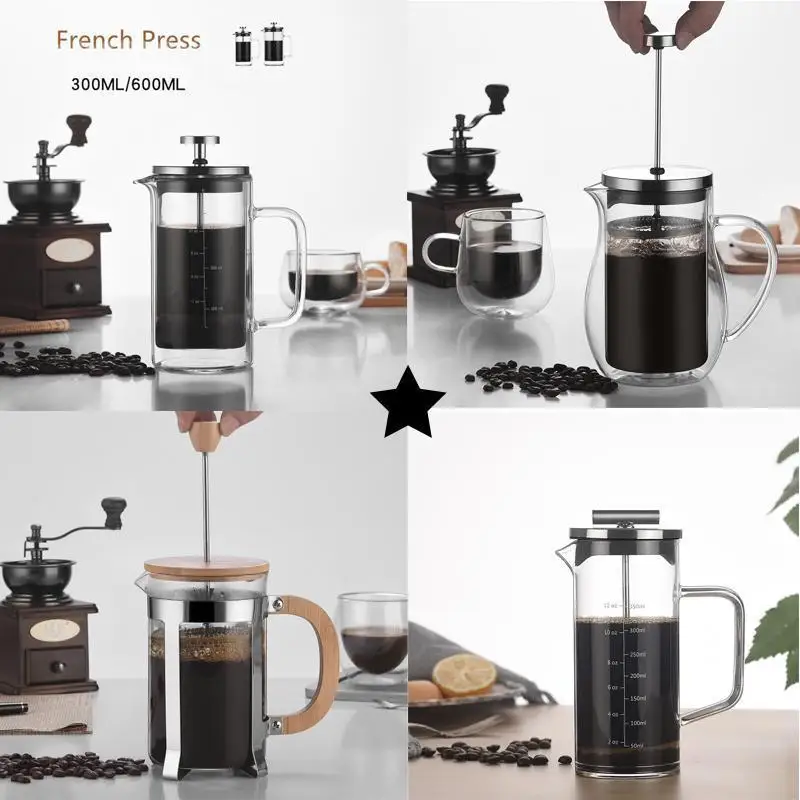 Olla de prensa francesa resistente al calor de doble capa, filtro de prensa de vidrio de alto borosilicato con cafetera graduada, 600Ml-4