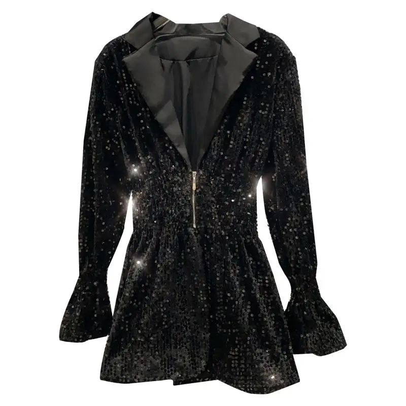 

New sequins fold closed sleeve suit collar dress female waist zipper horn