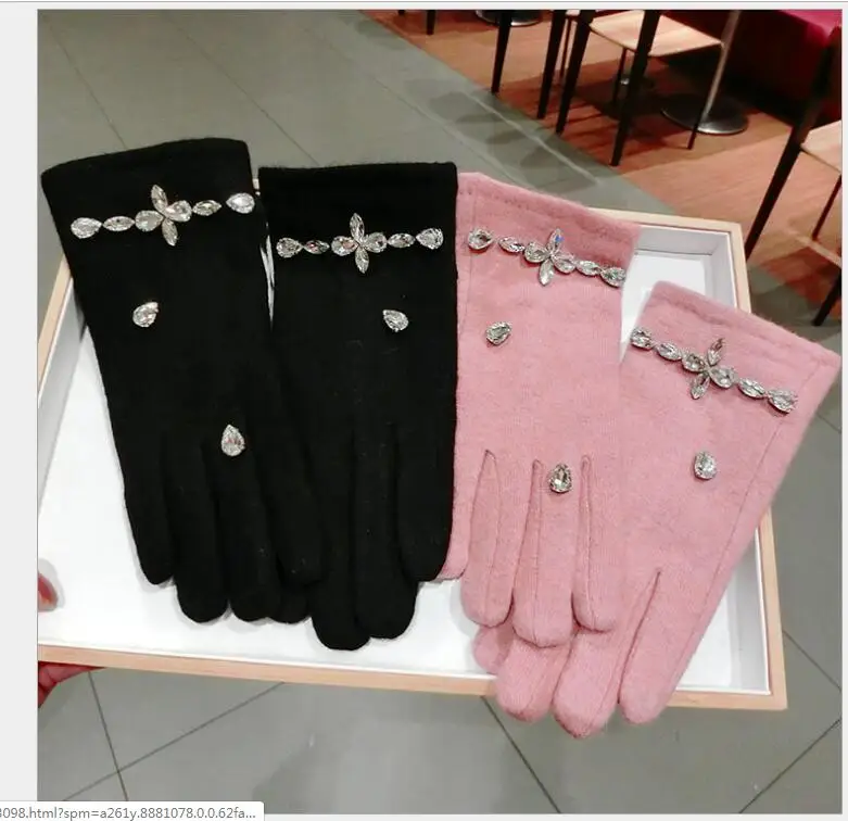 Женские кашемировые перчатки Стразы в стиле ретро плотные с пальцами для