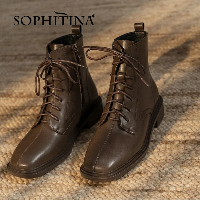 spesifikasi Sepatu Bot Pergelangan Kaki Wanita SOPHITINA Sepatu Bot Kulit Asli Tren Sepeda Motor Sepatu Fashion Platform Simpul Silang Ujung Kotak YO106