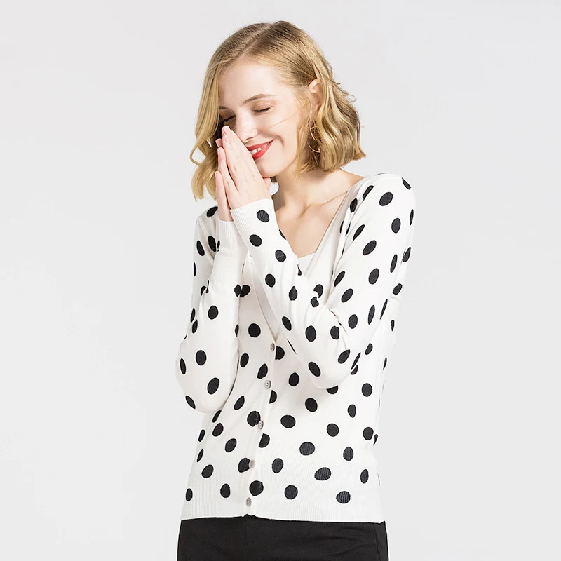 Тонкий Polkdot женский кардиган весна осень вязаный свитер пальто однобортный