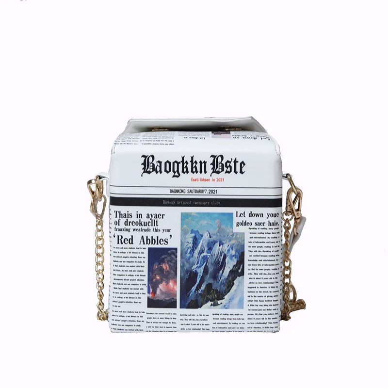 

2021 pu Leather Handbags Ladies Newspaper Square Box Hip Hop Chain Shoulder Bag Woman Letter Printing Party Bags for Women