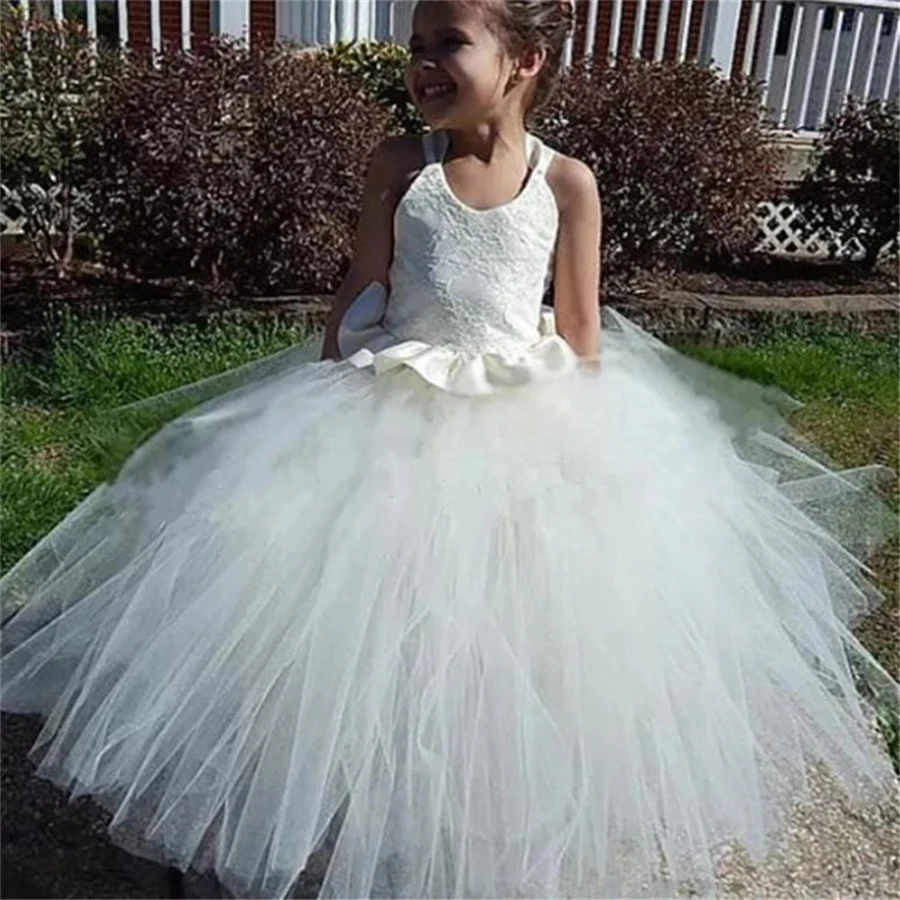 

Flower Girl Dresses Fluffy Tulle Embroidery Kids Wedding Party Pageant Gown White Ivory Sleeveless Holy Communion Party Dress