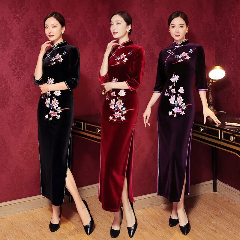 New Style Restoring Ancient Ways Slim Thickened And Long Gold Velvet Embroidery Show Cheongsam Skirt Classic Modern Qipao 치파오