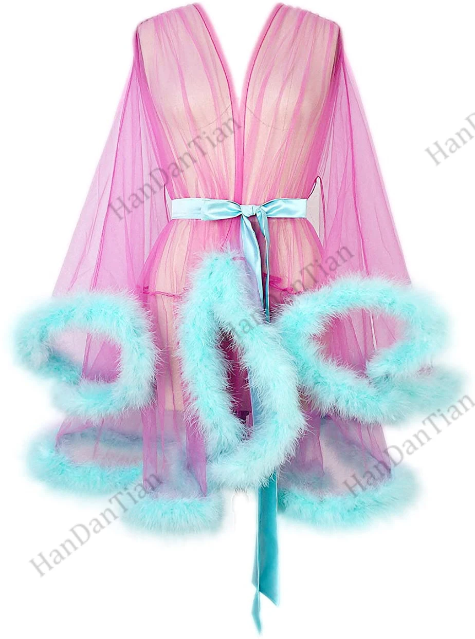 2021 Sexy Feather Robe Illusion Fur Trim Boudoir Robe Nightgown Bathrobe Bridal Lingerie Wedding Scarf