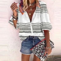 all match striped printed v neck shirt popular single breasted short sleeve shirts summer clothes for women outfit wholesale