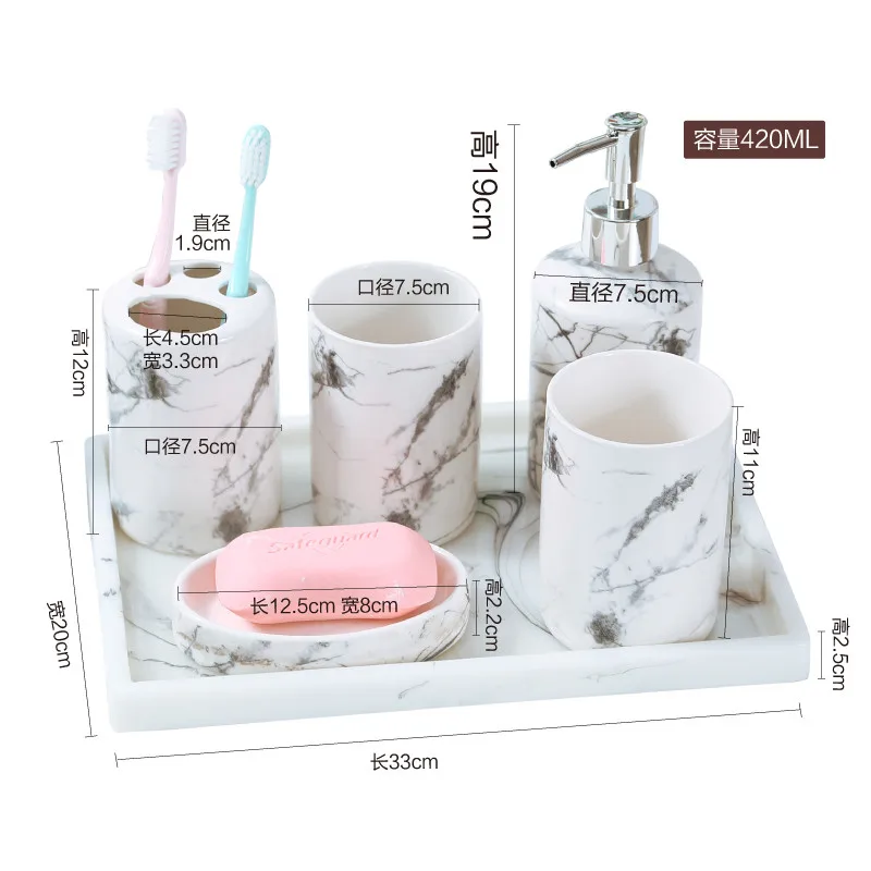 

6pcs / set White Marble Textured Ceramic Bathroom Kit Tray Nordic Wash Set Mouth Cup Bathroom Couple Brushing Teeth Cup Toilet U