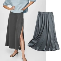 jennydave england style fashion satin midi skirt women sexy side of buttons high waist faldas mujer moda long skirts womens