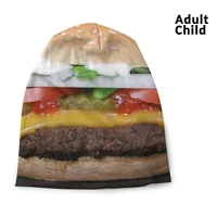 hamburger hip hop hat beanie hat casual polyester knit cap bread meat lettuce pickle tomato onion flame beef food