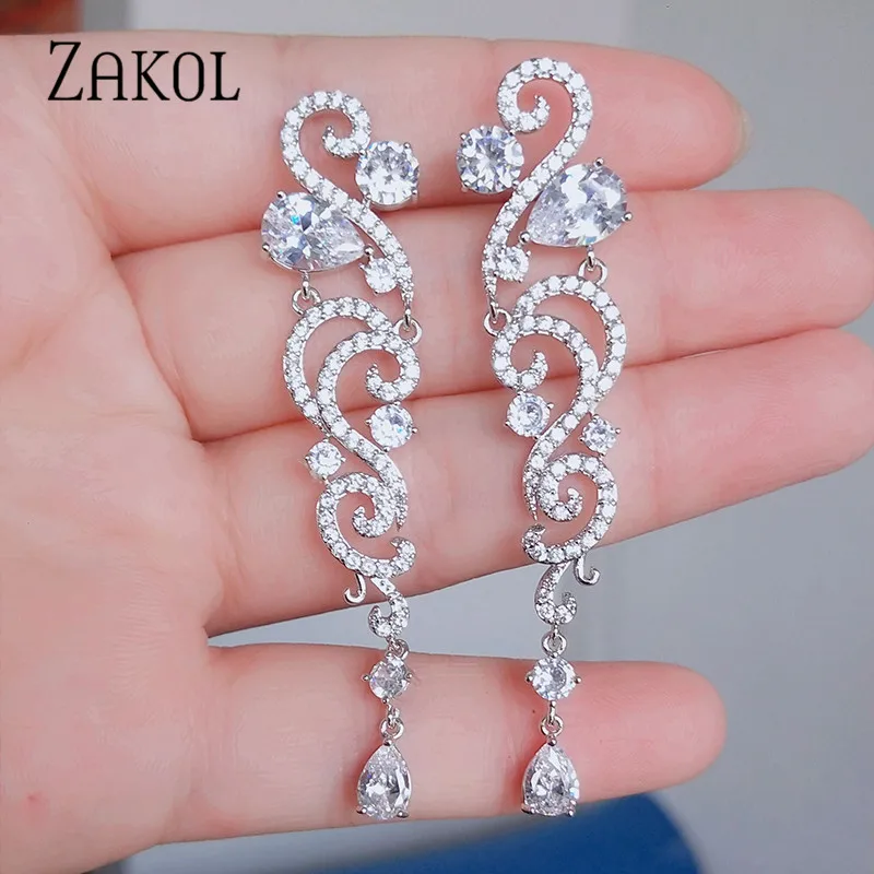Роскошные Длинные свадебные висячие серьги ZAKOL с фианитами для женщин модные