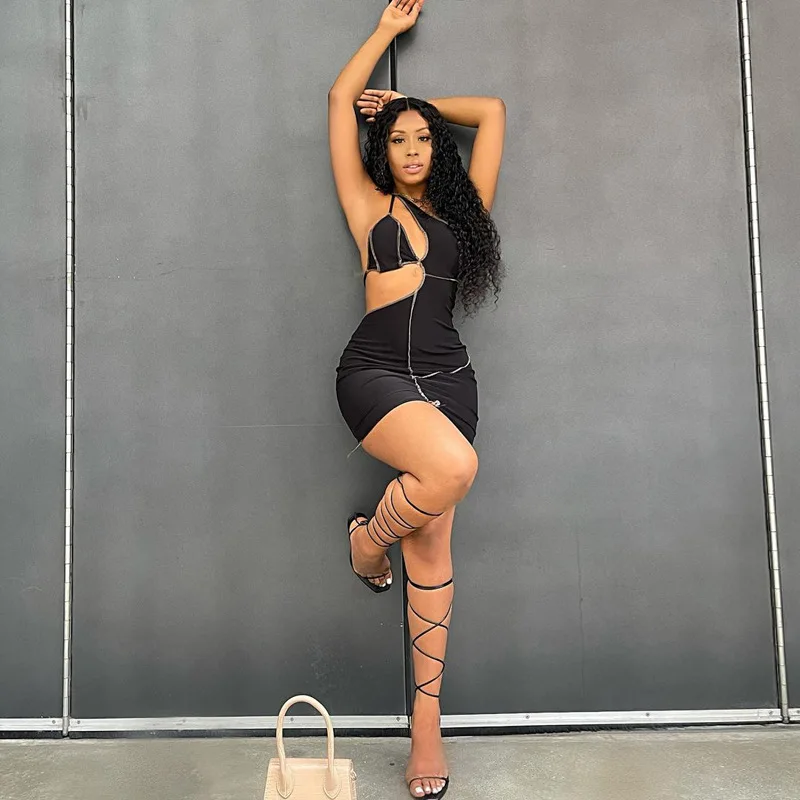 

BIIKPIIK Solid Rework Women Mini Dress Female Hollow Out One Shoulder VIntage Sporty Dresses Elegant Basic Casual Clothing