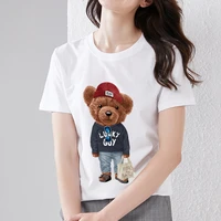 t shirt street womens personality all match cartoon teddy bear print white casual round neck ladies shirt slim polyester top