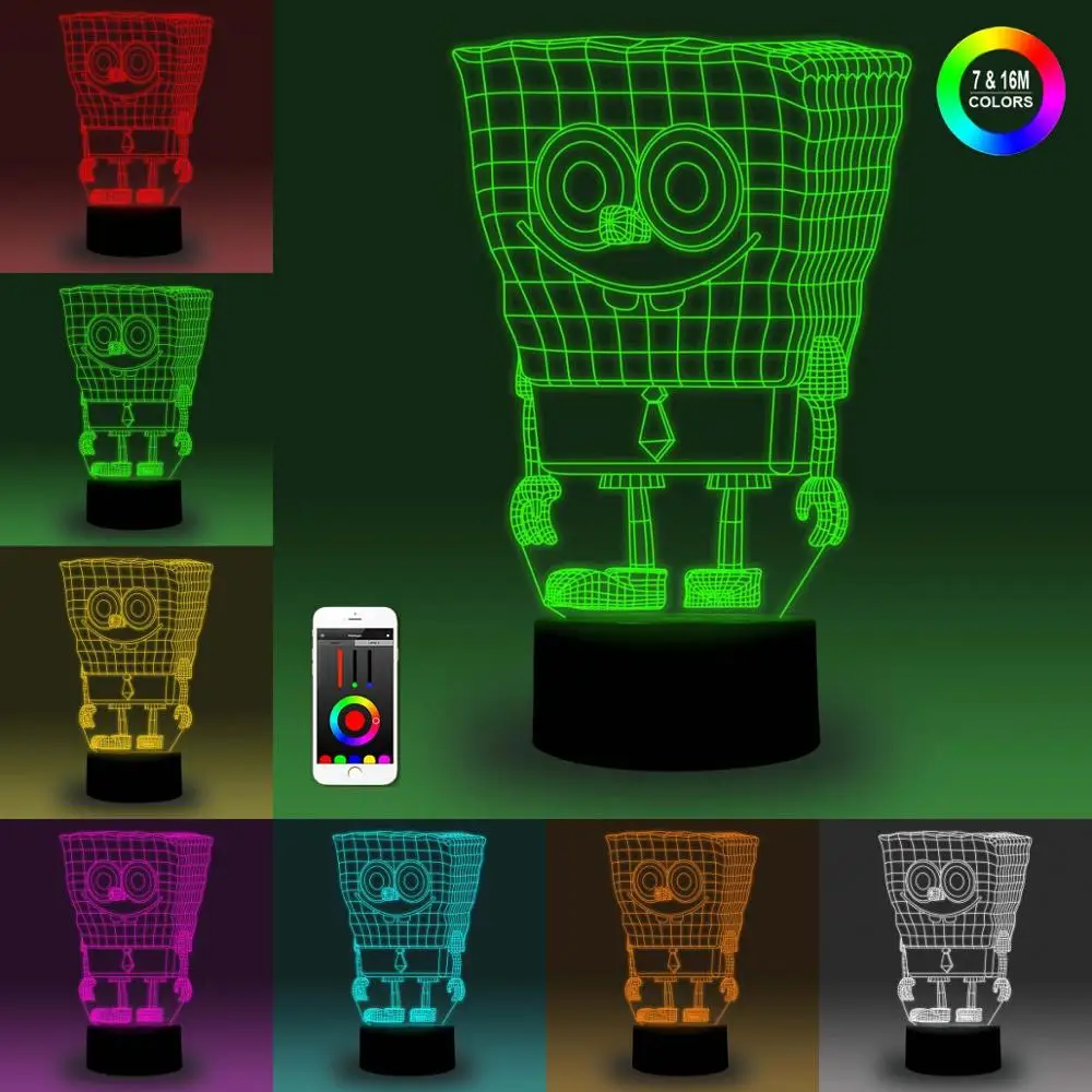 NiteApps 3D Губка Боб ночник настольная лампа Иллюзия подарок на день рождения приложение/сенсорное управление