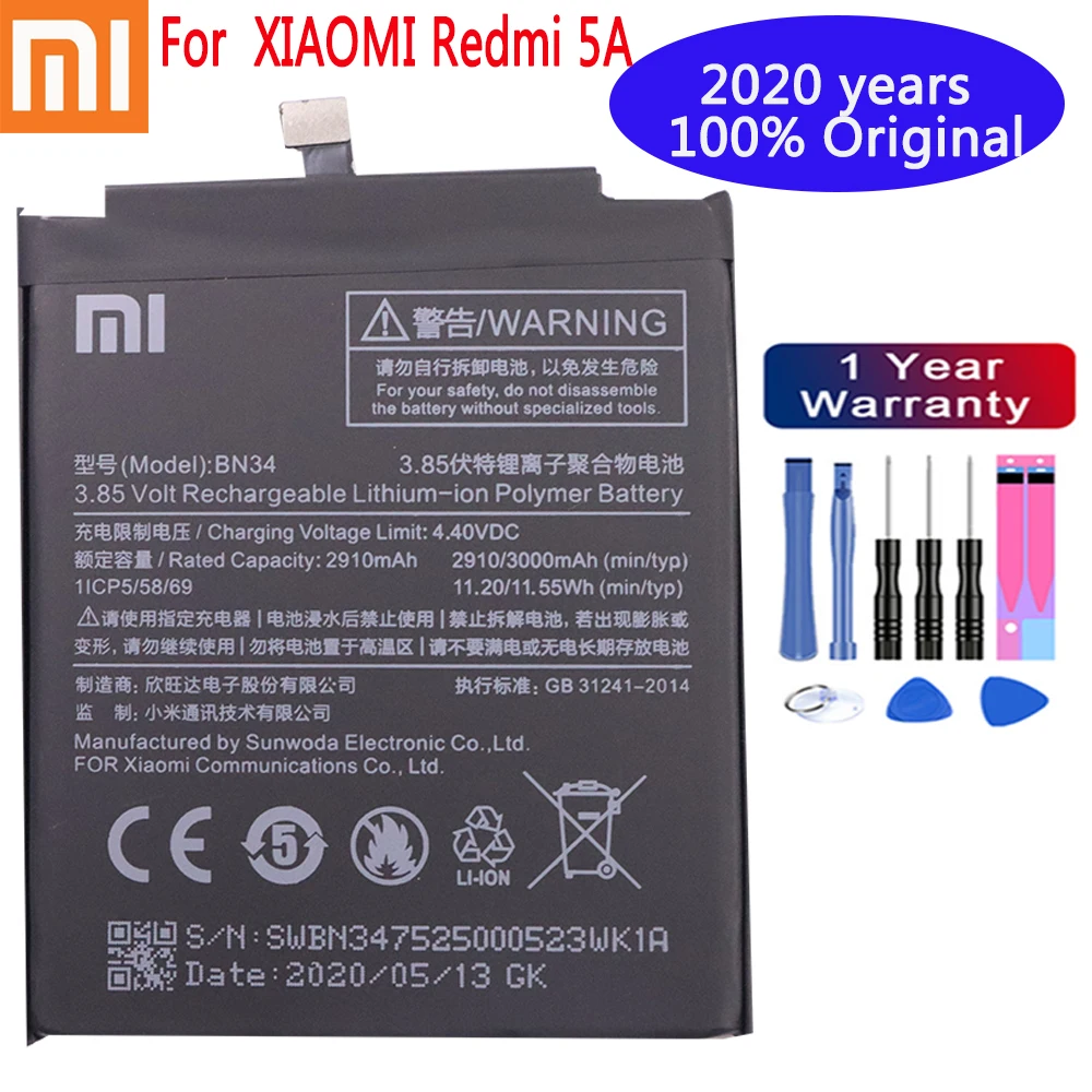 Оригинальный аккумулятор Xiao mi для XIAOMI Redmi 5A сменный BN34 2910 мАч батареи телефона