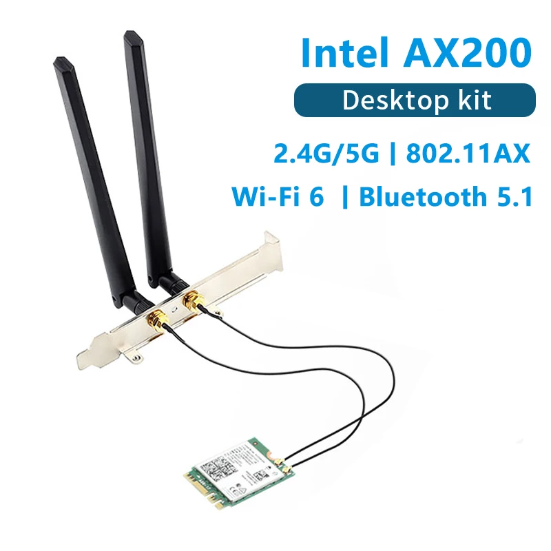 Dual band 3000Mbps Intel AX200 WiFi 6 Card M.2 Desktop Kit 2.4G/5G Bluetooth 5.1 802.11ax AX200NGW Wireless Adapter 10DB Antenna |