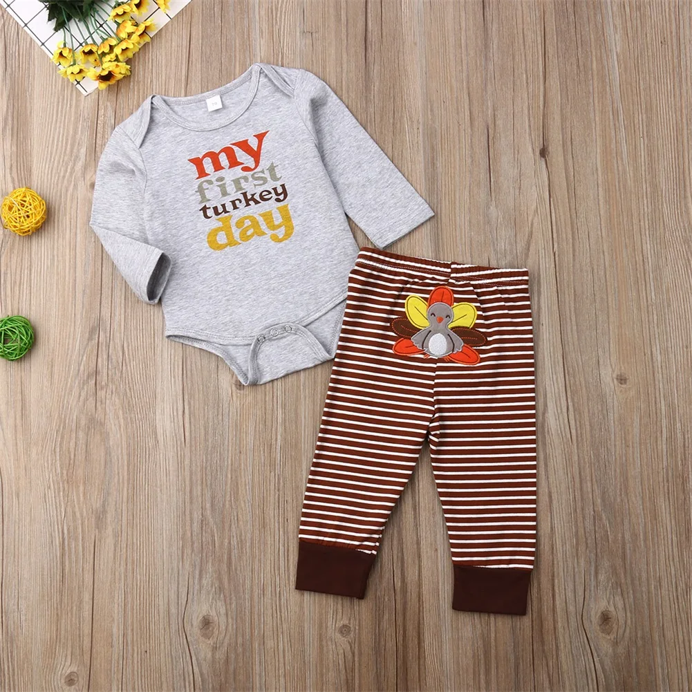 2019 Brand Cotton Infant Newborn Baby Boy Girls Letter Tops Romper Turkey Striped Long Pants Outfits Set Thanksgiving Clothes | Детская