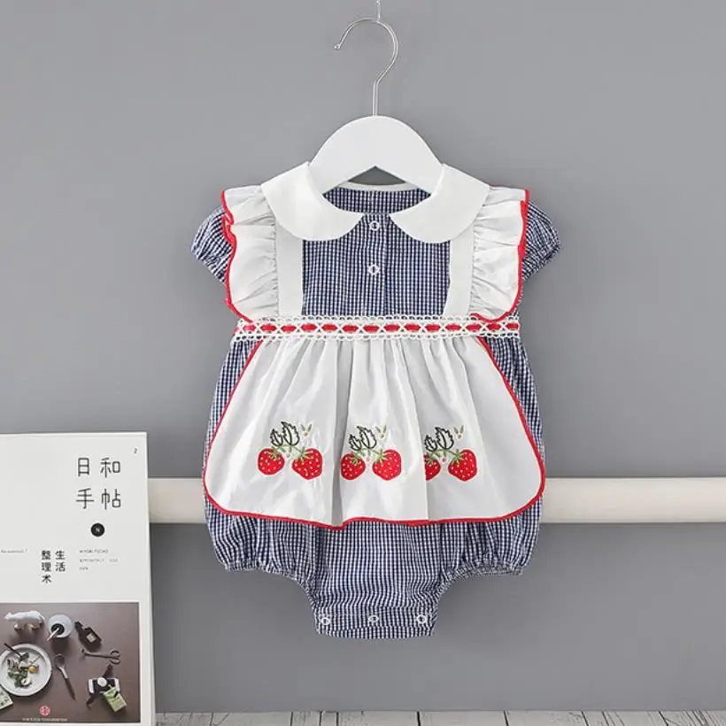 

Summer Baby Girl Bodysuit Short Sleeves Peter Pan Collar Snow Princess Lace Print Plaid Jumpsuit Newborn Lolita Romper A235