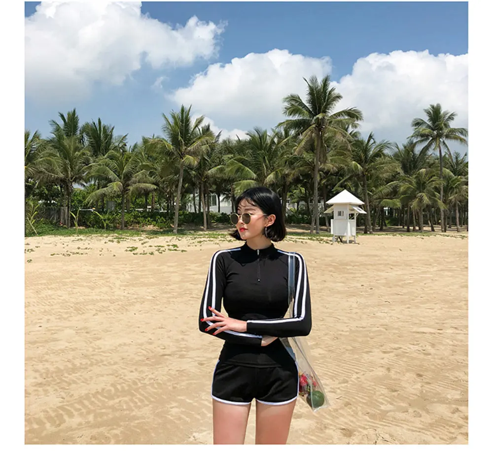 С длинным рукавом из двух частей Rashguard Женские однотонные купальники на молнии шорты Танкини полосатая блузка полосатый погружной костюм пуш-ап купальник Pad