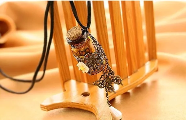 Long retro leather cord sweater chain Wooden cork carved wishing bottle necklace | Дом и сад