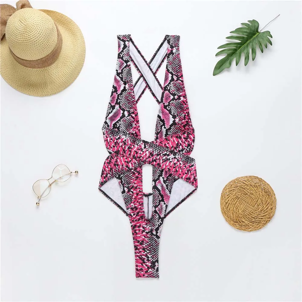 

Shuizhamou 2021summer New V Neck Bikini High Waist Snake Print Design Unique Full One Piece Woman Swimsuits Brand Sexy Beachwear