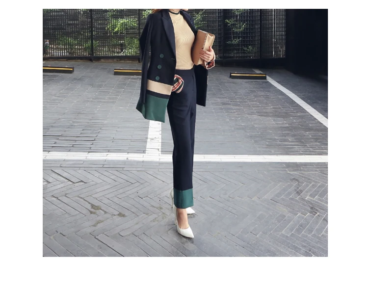 

Women Formal 2 Piece Set 2021 Runway Korean Autumn Blue Patchwork Suit Formal Jacket Coat +Office Full Length Pant Suit