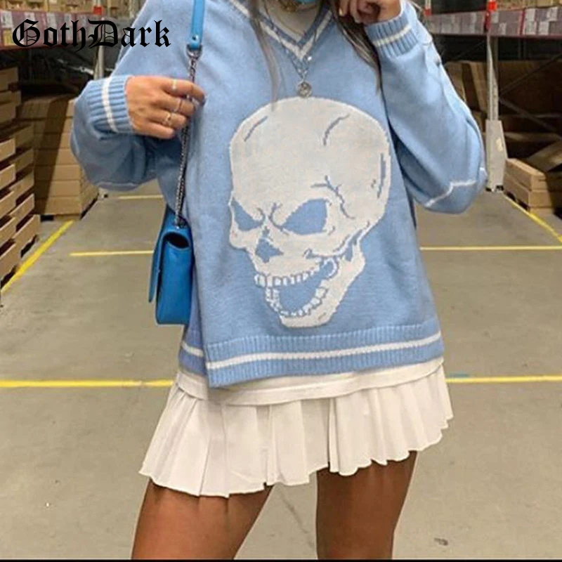 

Goth Dark Punk Skeleton Graphic Printed Sweaters Gothic Oversize Long Sleeve Knitted Women Pullovers Hip Hop V-neck Streetwear